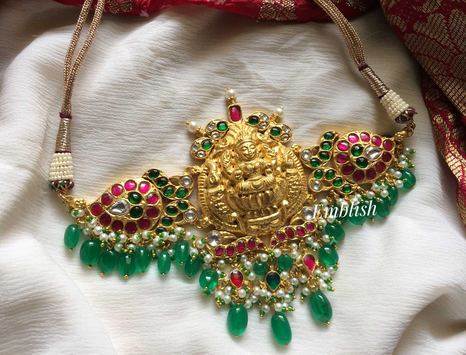 Kundan jadau green beads drop Lakshmi gold finish high neck choker 